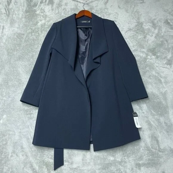 Lauren Ralph Lauren Crepe Belted Drape Front Jacket Navy PS New a1643 - Picture 1 of 9